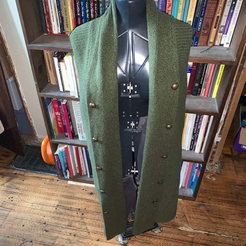 Lane Bryant olive green brass button long crocheted 14/16 vest